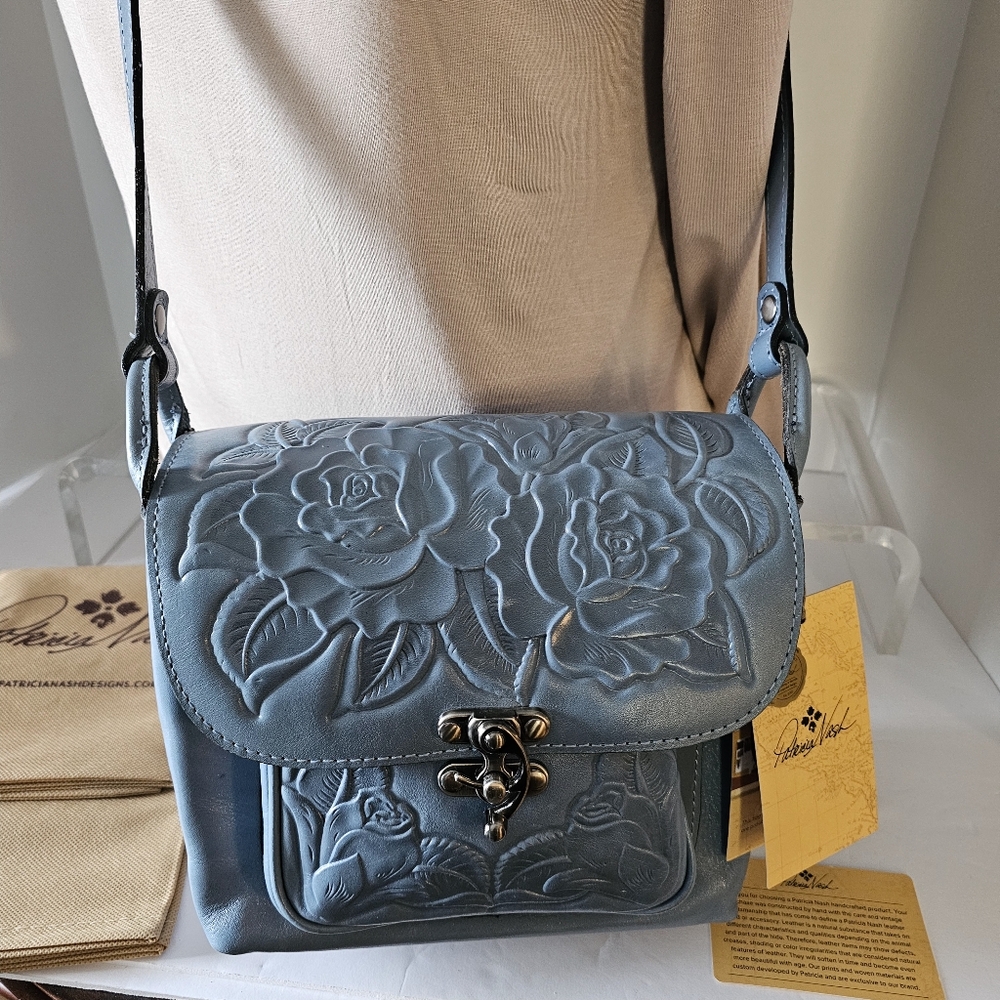 Patricia Nash Leandra Crossbody- Safflower Blue Leather Organize Tooled Flowers